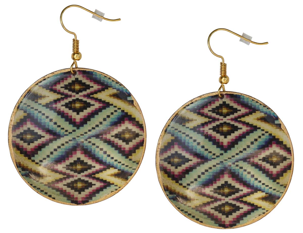 2.5” Round Brass Hook Earrings with Colorful Pixel Kilim Pattern - Drop Earrings / Accessories for Her - Buy in Bulk Wholesale